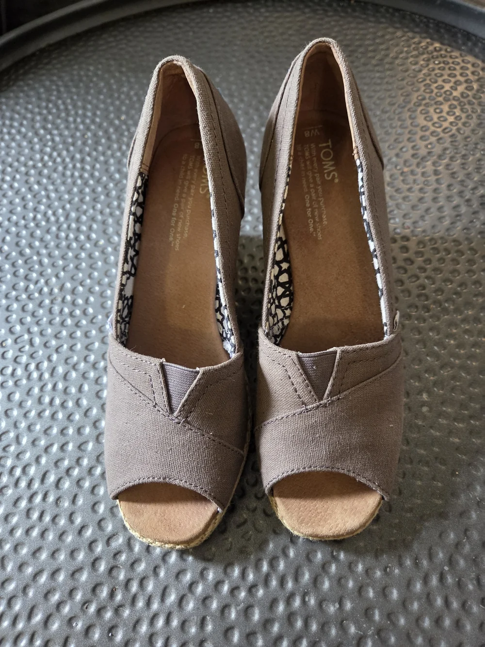 TOMS Brown Canvas Peep-Toe Espadrille Wedges